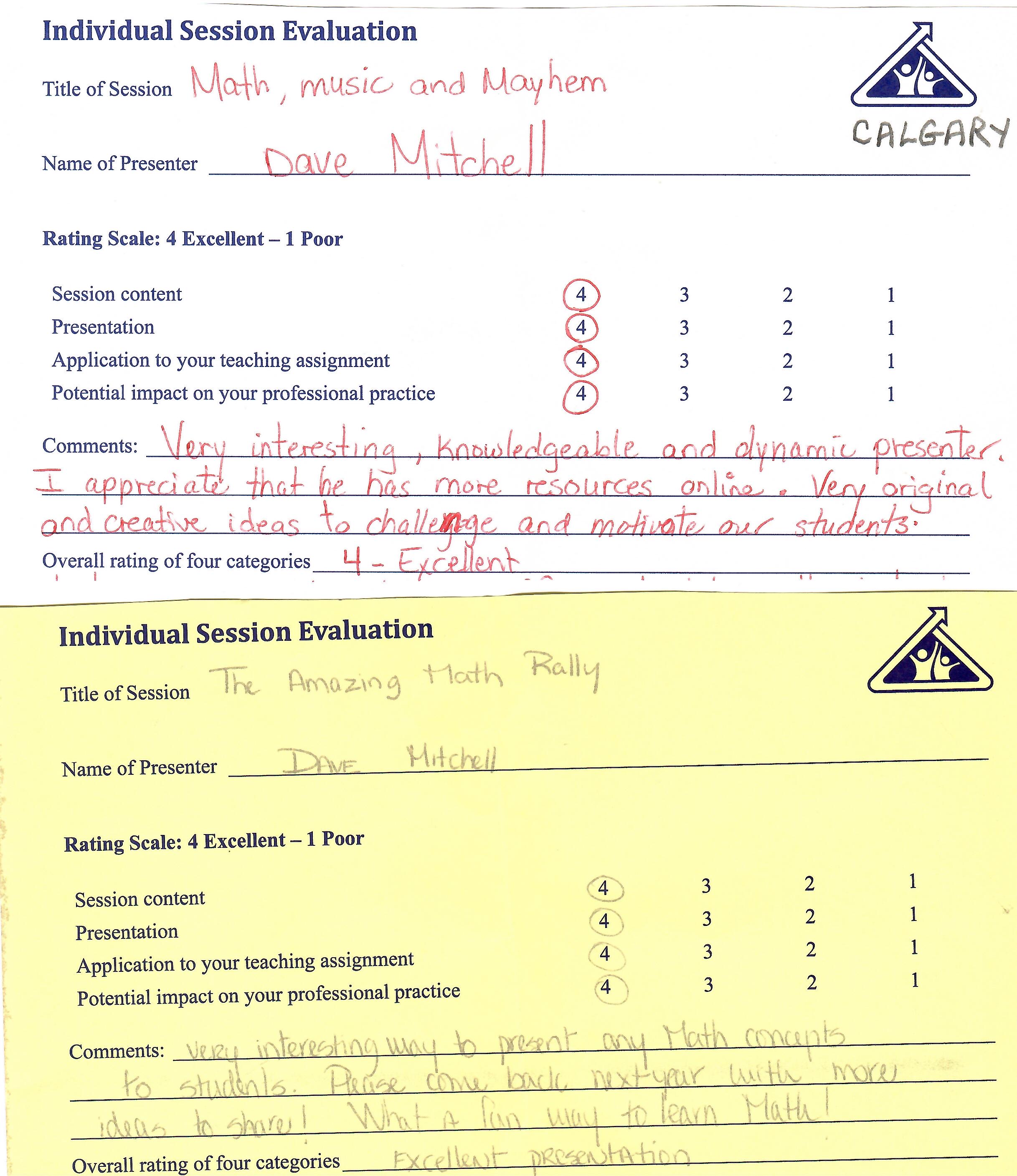 Calgary Teachers' Convention evaluation forms — all rated Excellent