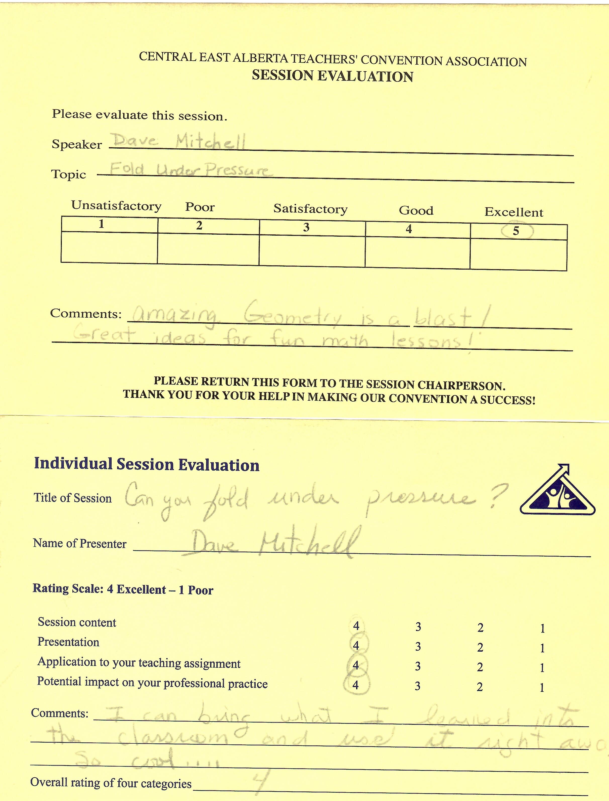 Central East Alberta Teachers' Convention evaluation forms — Excellent ratings