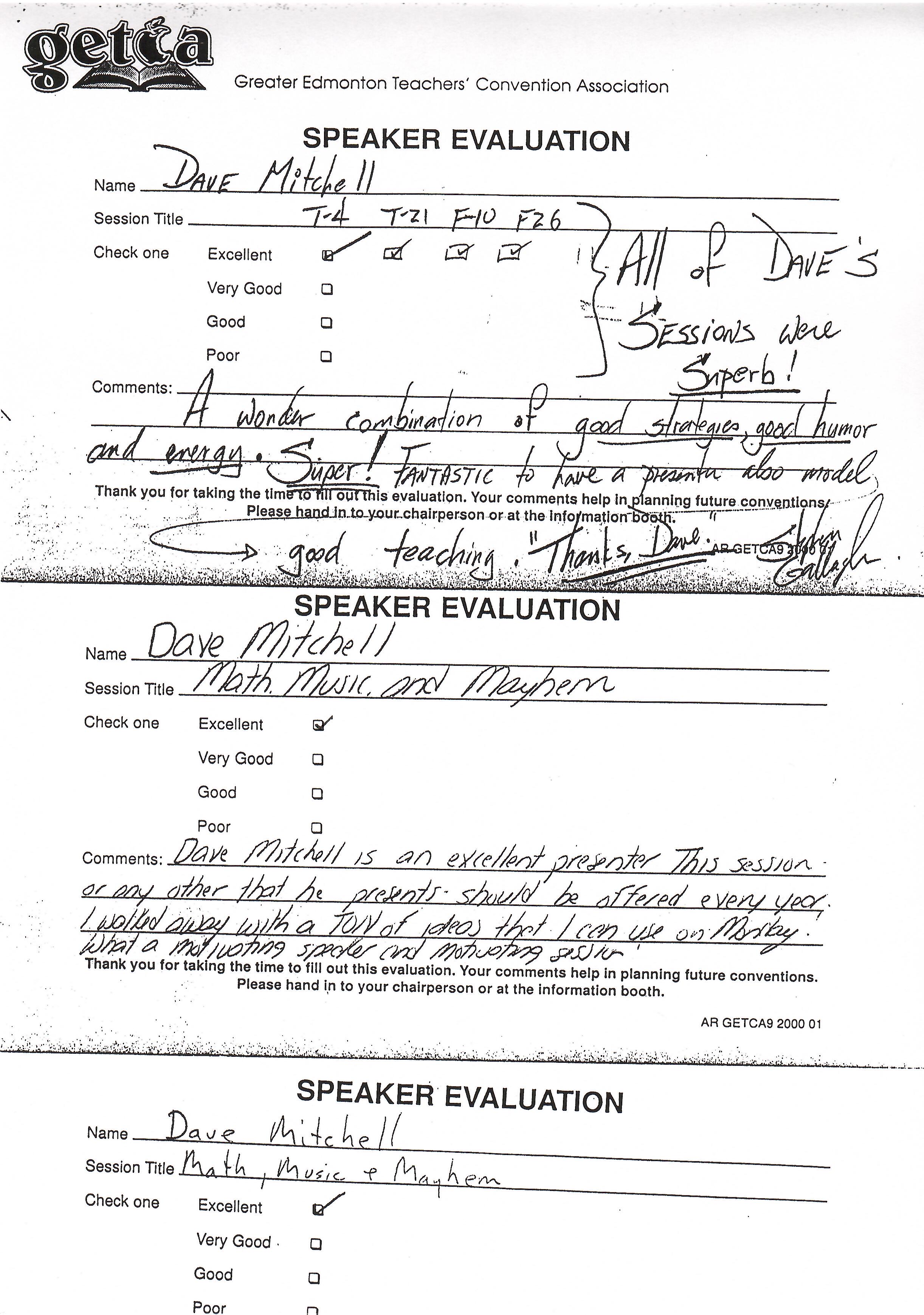 GETCA Speaker Evaluation forms — all rated Excellent