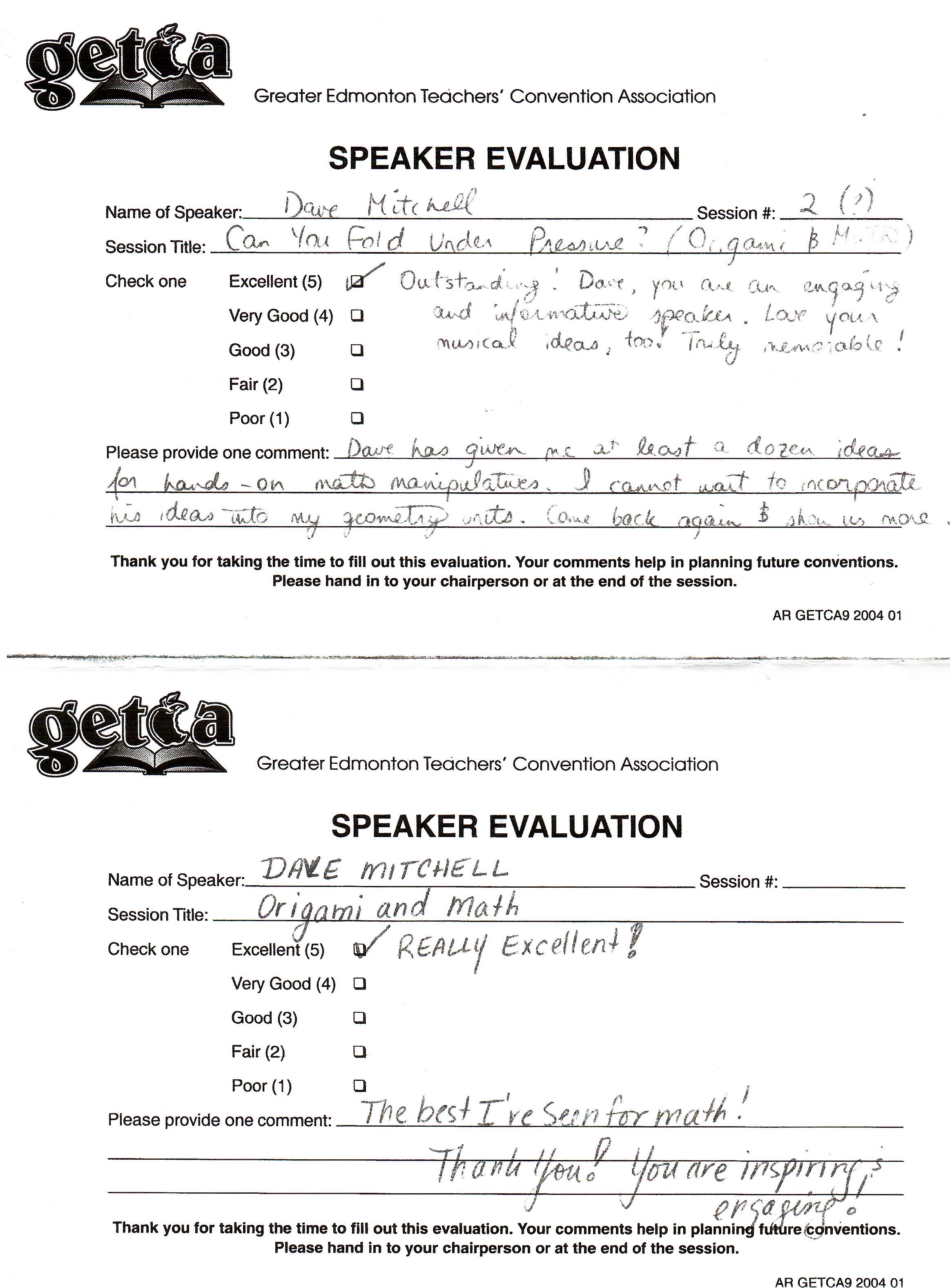 Speaker evaluation forms - Excellent ratings