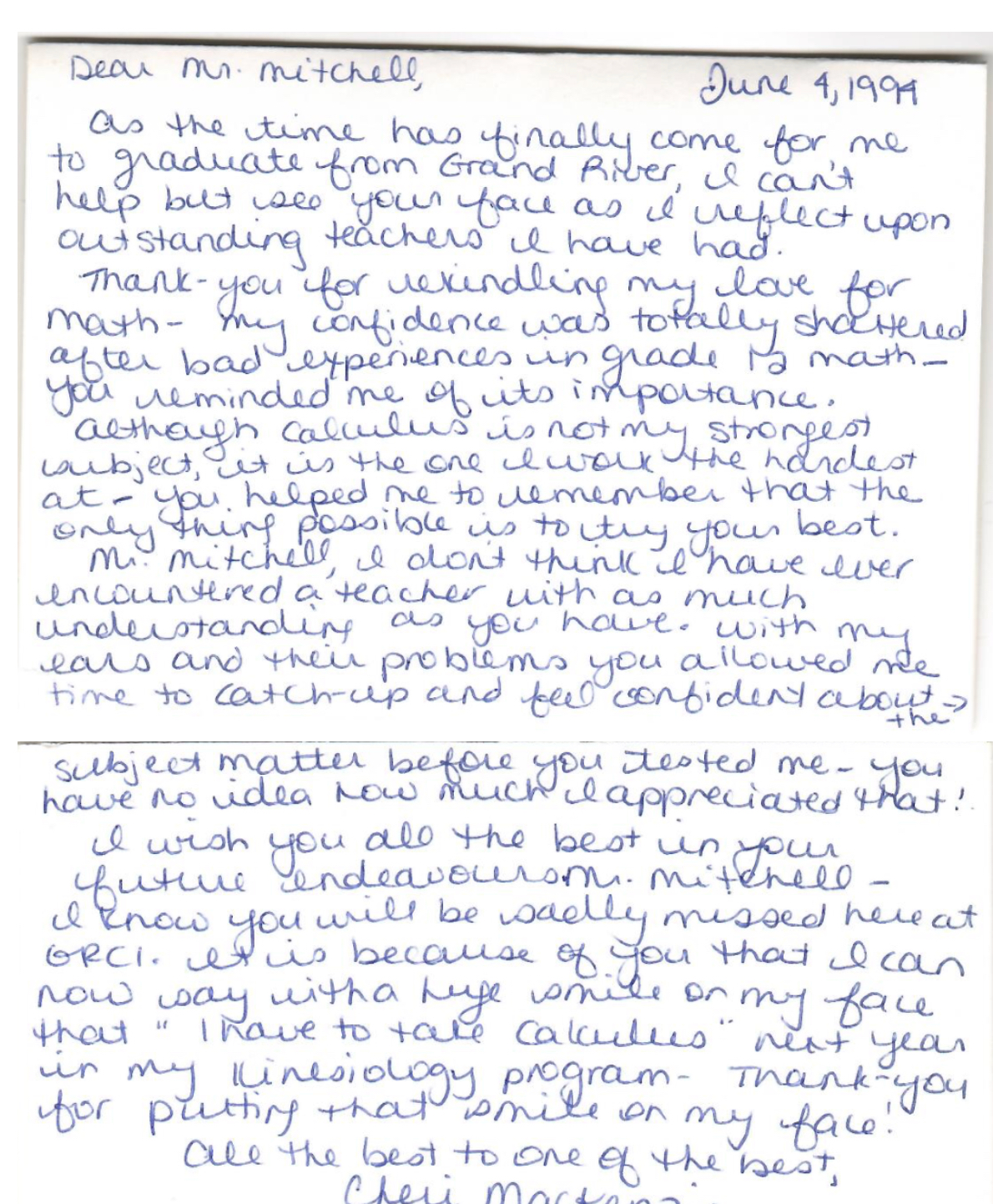 Handwritten student testimonial letter to Mr. Mitchell, June 1999 — thanking him for restoring her confidence in math after bad experiences in grade 9