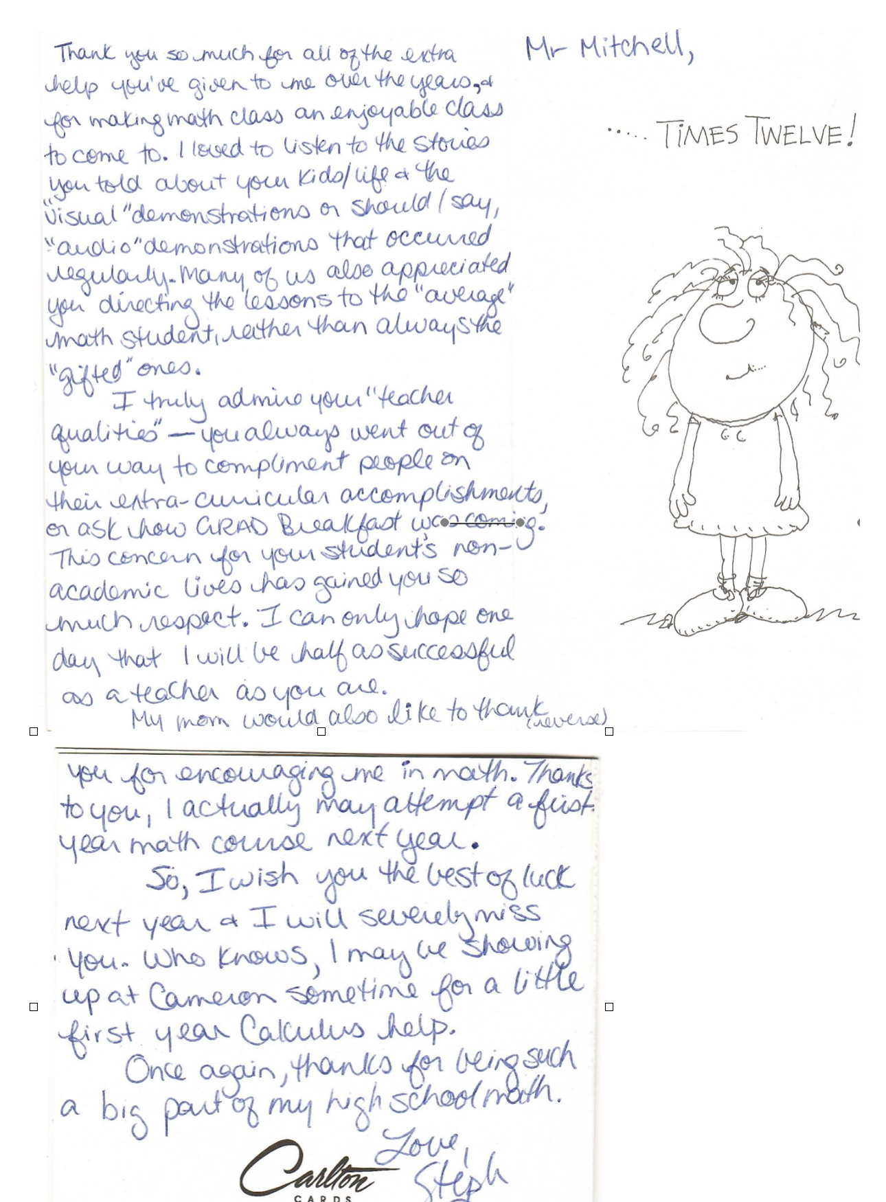 Handwritten student testimonial letter to Mr. Mitchell — praising his qualities as a teacher and encouraging approach to math