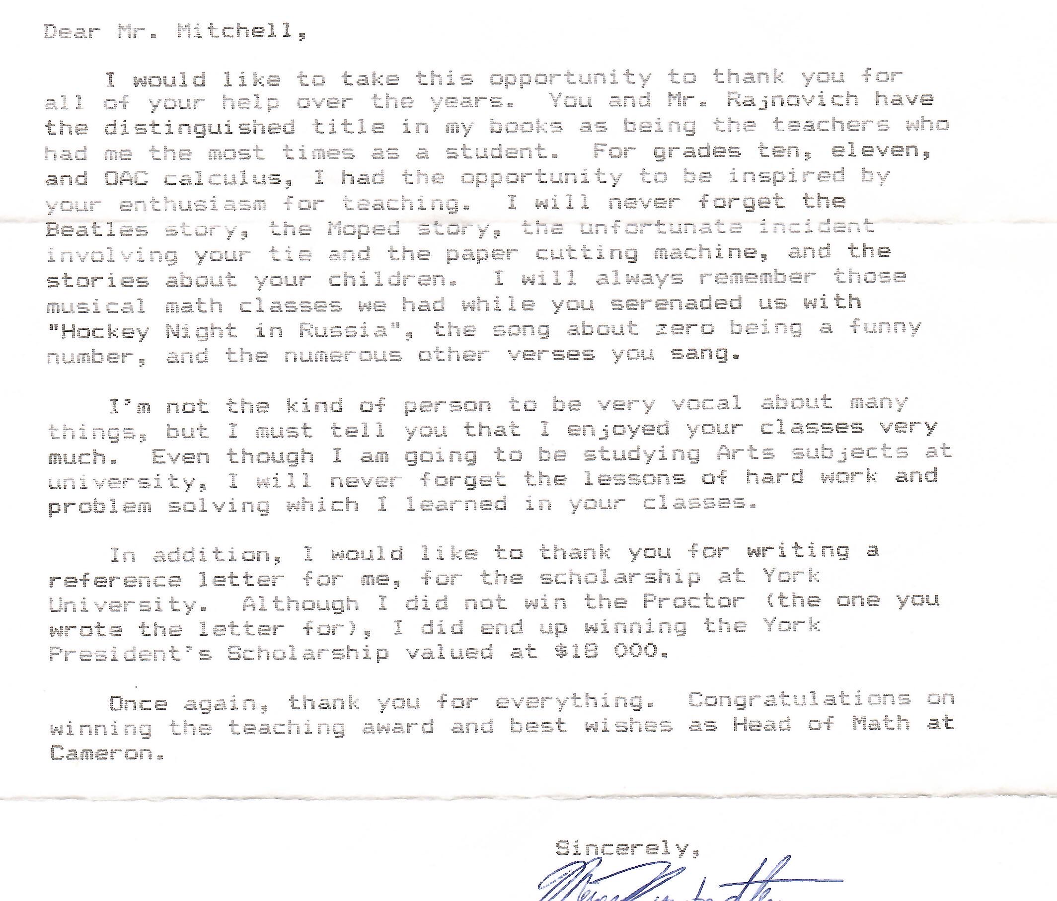 Typed student testimonial letter to Mr. Mitchell — thanking him for years of inspiring math classes and musical math lessons